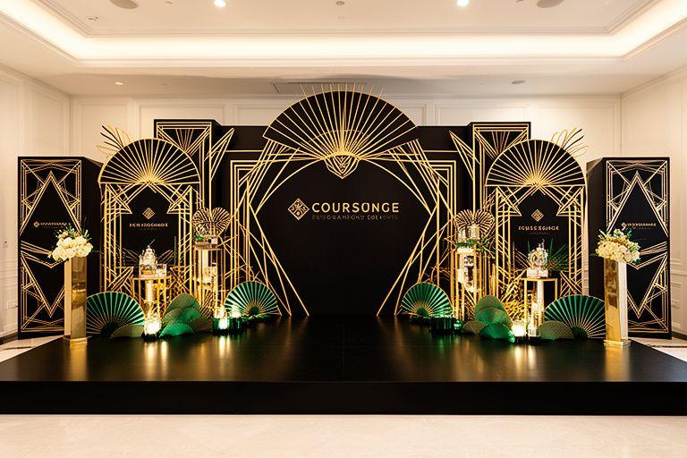 Decoración Art Deco para evento corporativo con líneas geométricas, negro y dorado