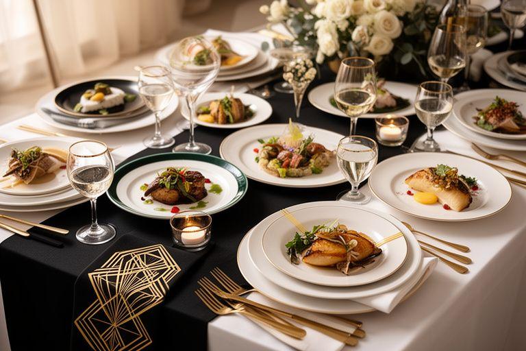 Mesa de boda elegante con platillos gourmet y detalles dorados