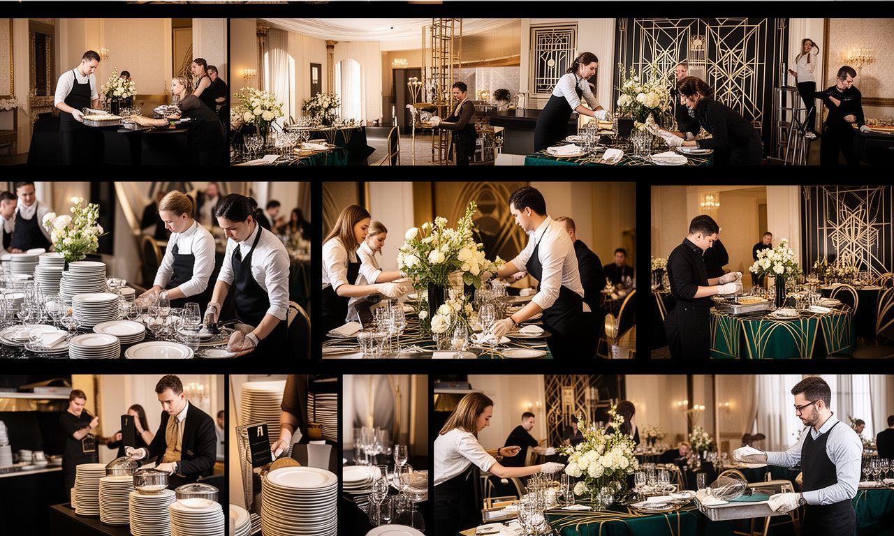 Montaje destacado de un evento con equipo de catering preparando la mesa y la decoración