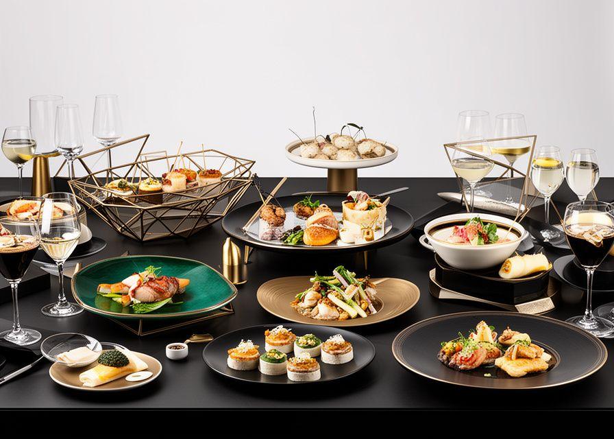 Selección de aperitivos y almuerzo ejecutivo para un evento corporativo con presentación elegante