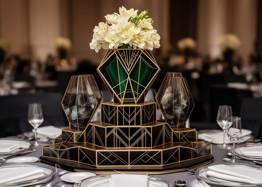 Centro de mesa Art Deco con formas geométricas, líneas doradas y composición simétrica para evento de empresa