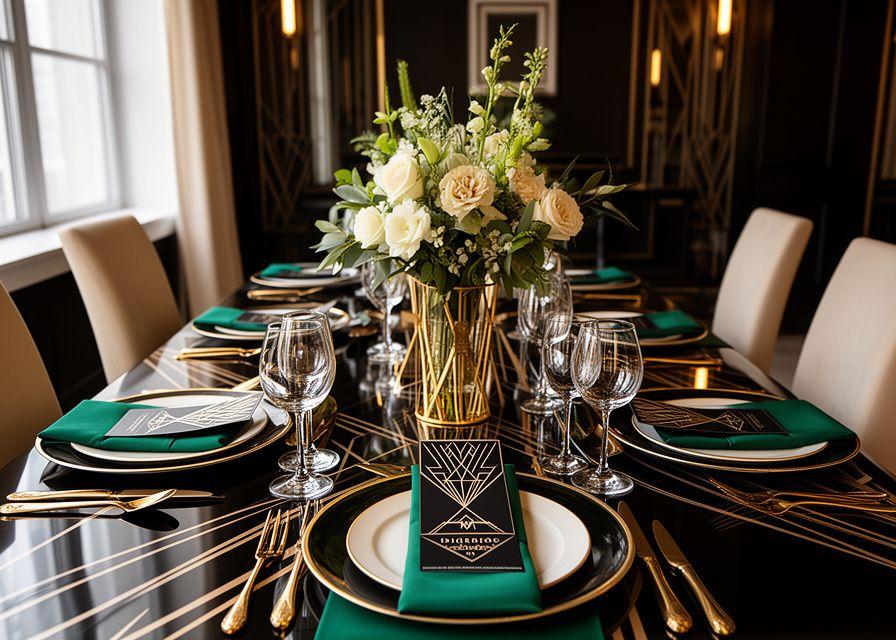 Mesa corporativa decorada en paleta Art Deco con negro, dorado y verde esmeralda, mantelería refinada y vajilla de lujo